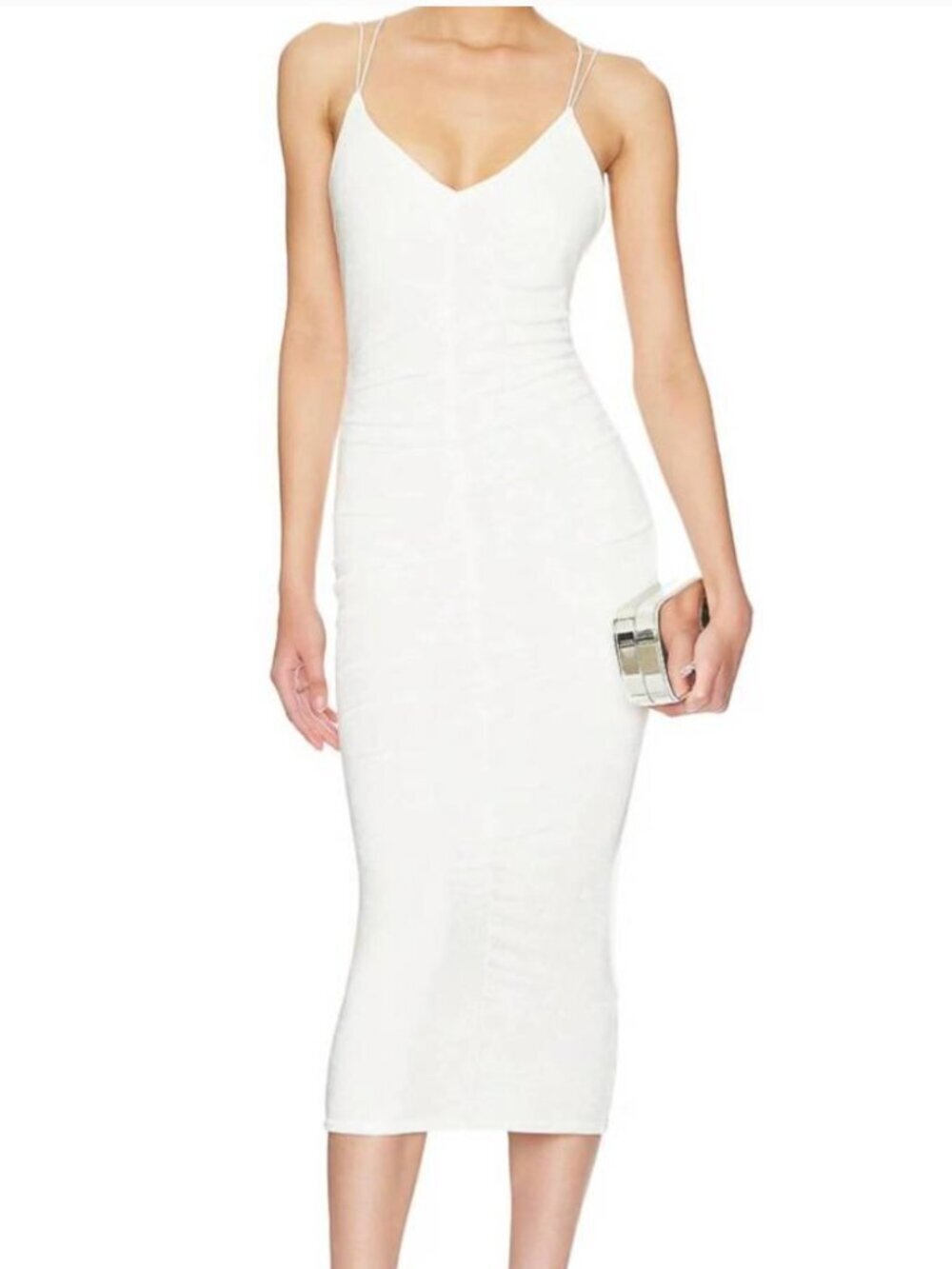 SER.O.YA Ballor Dress Crisscross Back Slinky Ruched Bodycon Midi NWT White Large